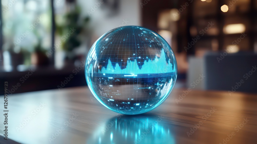 Poster Glass globe with data graphic, indoor setting. Possible use Stock photo for business presentations, infographics