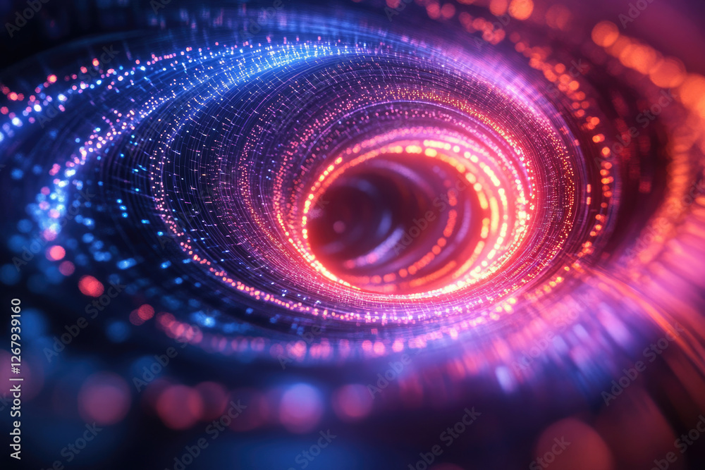 Poster abstract swirling vortex of vibrant pink and blue light, creating a mesmerizing digital tunnel effec