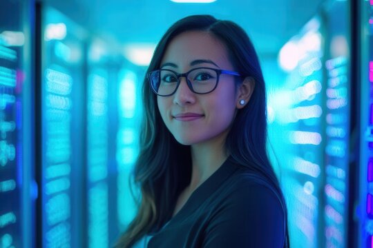 female cybersecurity specialist in futuristic data center surrounded by holographic displays and server racks bathed in blue led lighting