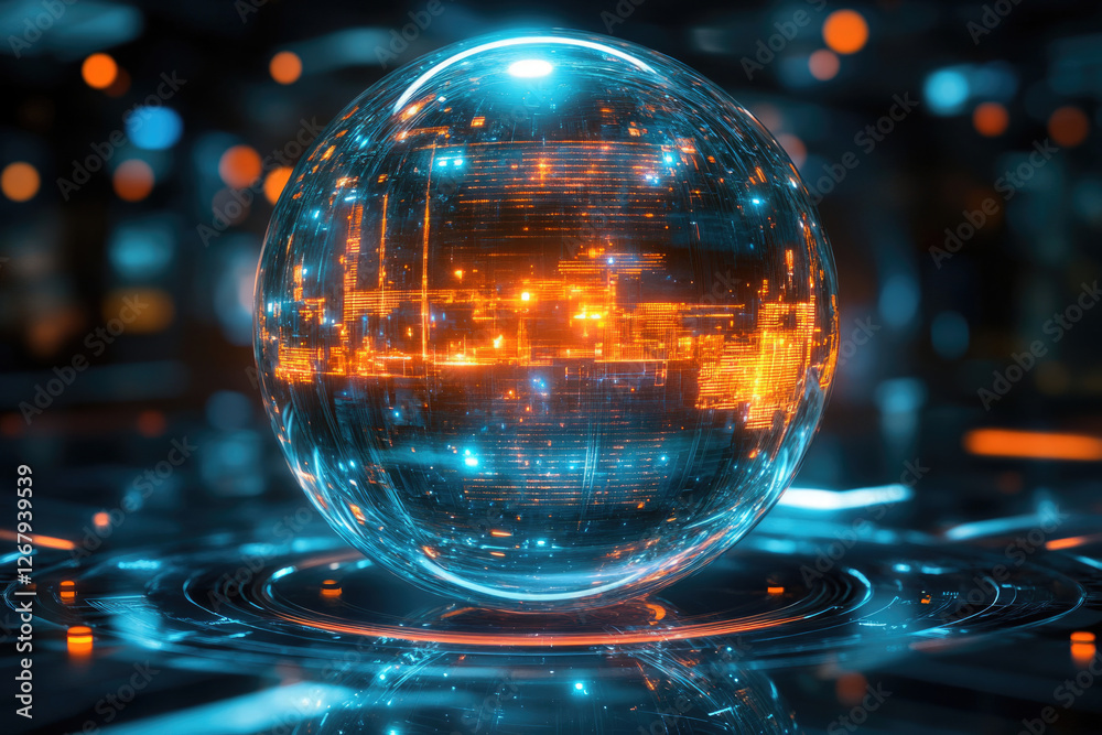 Poster a futuristic sphere displays intricate glowing circuits, symbolizing technological advancement and i