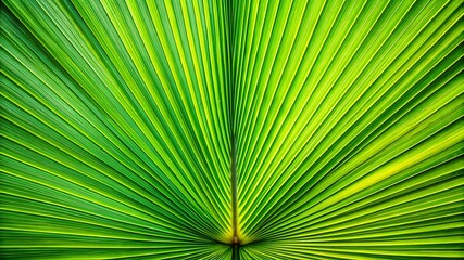 Fototapeta premium Close-up of a vibrant green palm leaf with intricate texture and symmetrical pattern, creating a tropical and organic nature-inspired background.