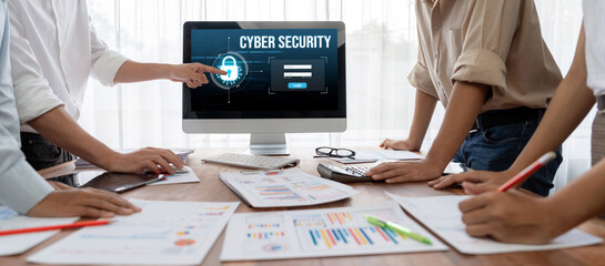 Cyber security system on computer screen protect private information brisk from hacker and cyber...