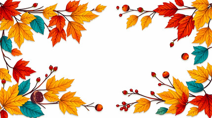 Autumn leaves border frame with acorns on white background. Elegant fall foliage frame for seasonal designs, invitations, and greeting cards. Nature-inspired autumn frame with vibrant orange, yellow, 