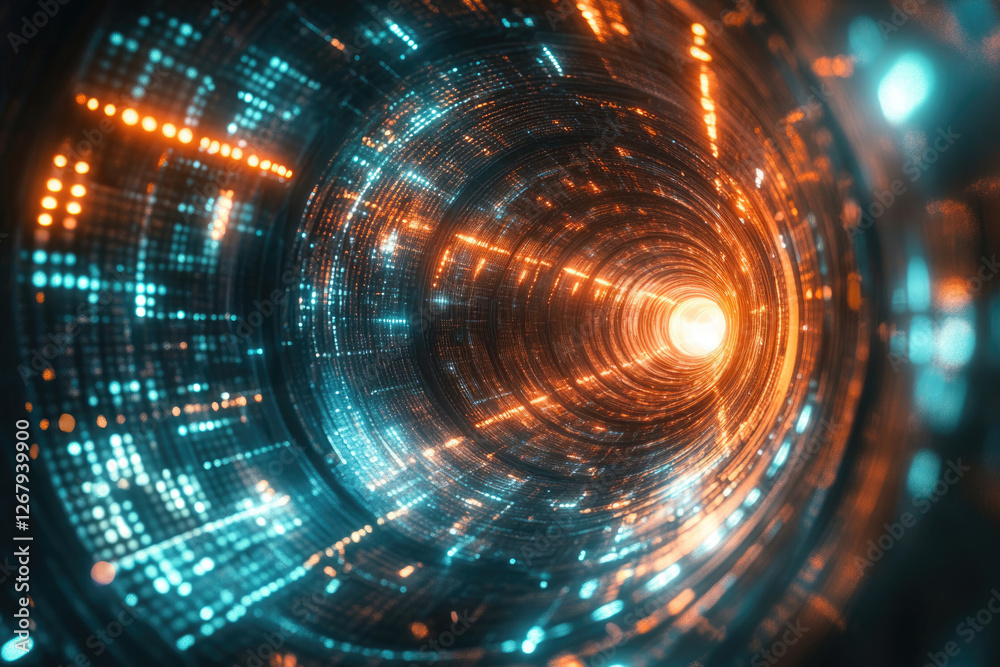 Poster abstract digital tunnel with glowing orange and teal lights, representing data flow and futuristic t