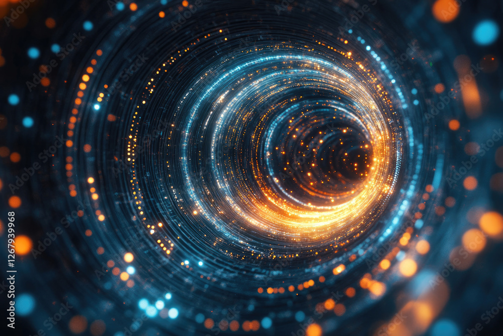 Poster Abstract swirling tunnel of blue and orange light particles, creating a mesmerizing vortex effect.