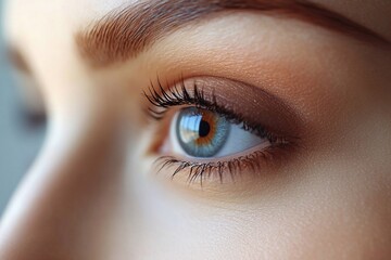 Obraz premium A professional photo of a woman standing confidently, with her eyebrows and lips enhanced by permanent makeup, showcasing a polished and natural look.