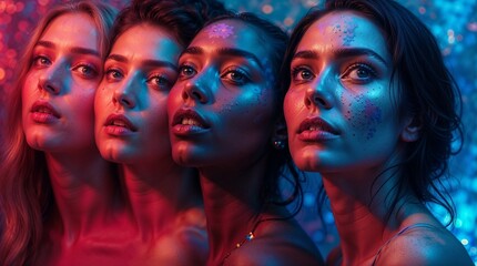 Obraz premium Vibrant Surreal Portrait Collage with Colorful Faces and Kaleidoscopic Lighting – Futuristic Abstract Realism