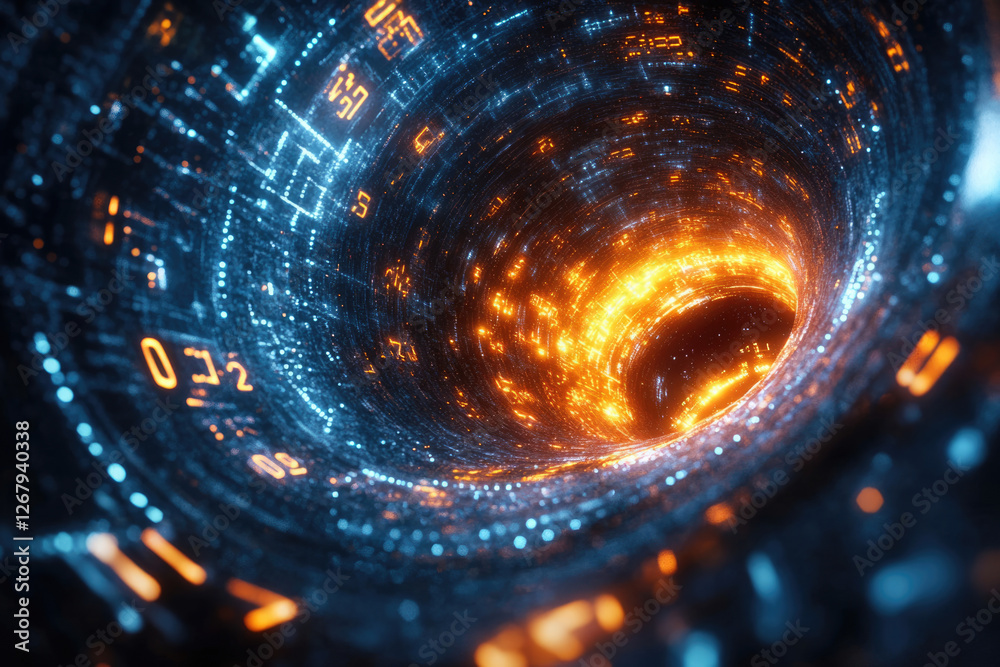 Poster abstract swirling vortex of digital data streams, glowing with orange and blue light, resembling a t