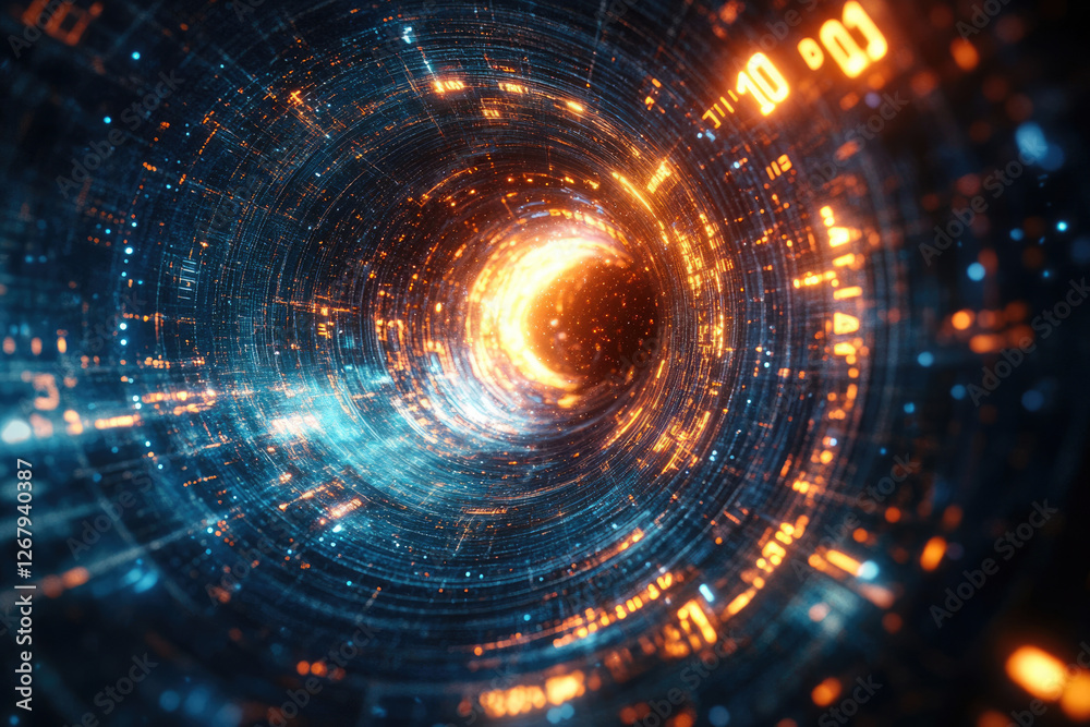 Poster A swirling vortex of data and numbers, a digital tunnel representing the flow of information in cyberspace.