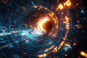 A swirling vortex of data and numbers, a digital tunnel representing the flow of information in cyberspace.