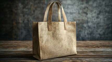 Rustic leather tote bag on wood.  Background grunge wall. Lifestyle photography