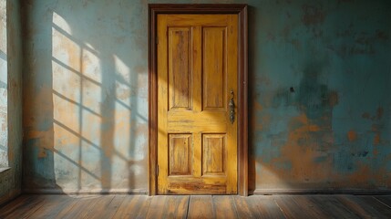 Bright yellow door stands out against textured blue wall in old building