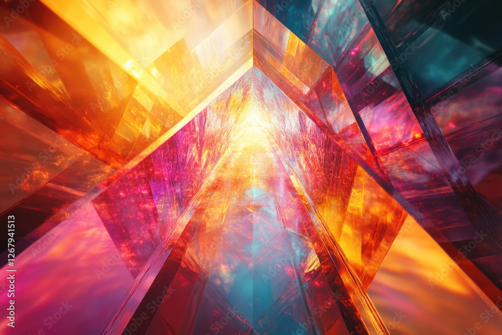 Poster abstract digital art depicting a vibrant, multicolored crystal structure with a glowing interior.