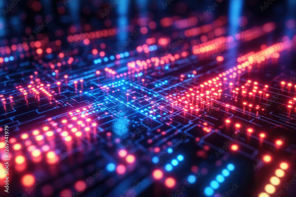 Poster Abstract representation of a complex network or circuit board with glowing nodes and pathways, signifying digital technology.
