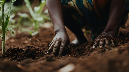 Close-up of hands planting seedlings in rich soil, symbolizing growth and new beginnings in agriculture. Cultivating the earth for a sustainable future.