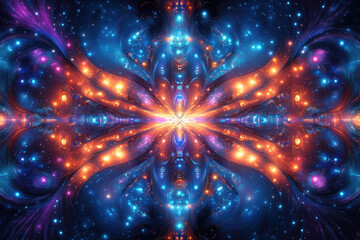 Fototapeta premium A mesmerizing fractal artwork depicting a cosmic, symmetrical design with vibrant blue, orange, and purple hues, resembling a celestial butterfly or flower.