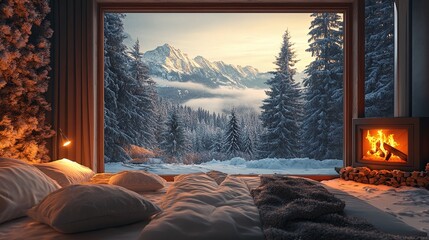 warm and inviting bedroom with a burning fireplace, snowy forest view through large windows, rustic wood interior, and soft lighting for a cozy winter escape