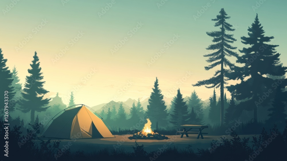 Aufkleber camping at dusk with a glowing campfire surrounded by tall pine trees in a serene forest setting. ge