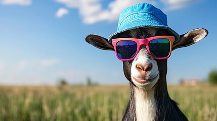 Stylish goat sporting colorful sunglasses and a bucket hat in a sunny field radiating confidence