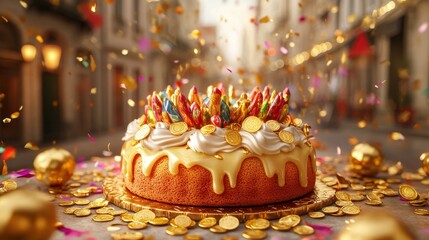 A festive cake adorned with colorful decorations and golden coins, set in a lively street filled with confetti, perfect for celebrations.