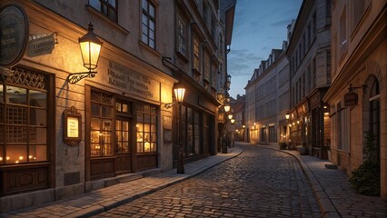 Fototapeta premium Historic European cobblestone street at night, warm lanterns casting long shadows, charming vintage storefronts. Ultra-detailed, high-resolution 8K.
