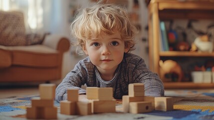 adorable toddler stacking colorful wooden building blocks at home, engaging in hands-on learning, cognitive growth, and early childhood education activities