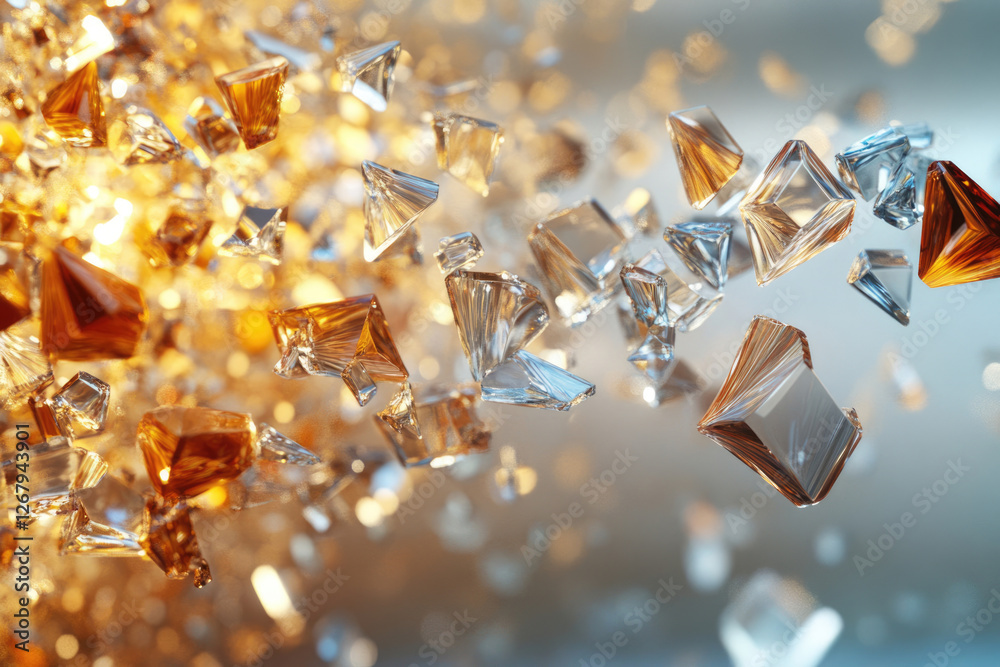 Poster shimmering amber and clear crystals float and disperse in mid-air, creating a dazzling, luxurious sp