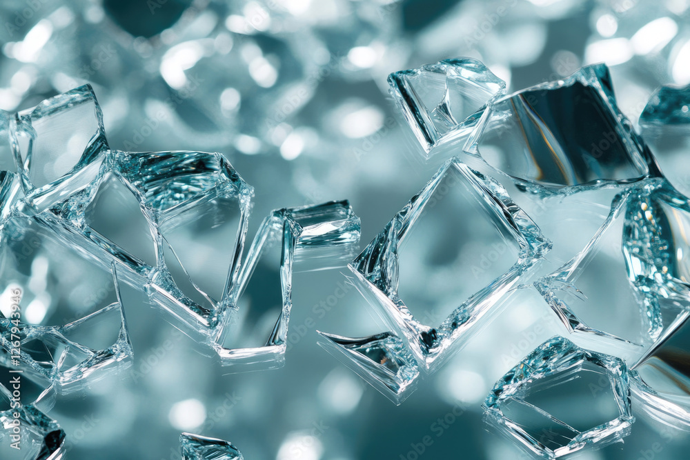 Poster shattered glass fragments scattered on a reflective surface, showcasing sharp edges and intricate te