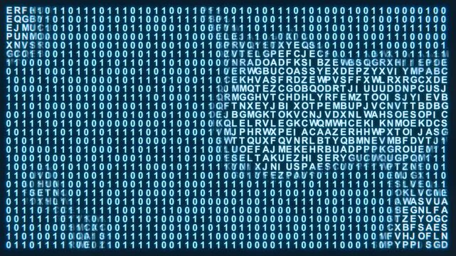 Randomly animated matrix array of alphabet letters and binary code changing. Background or video screen layer effect for code, programming and technology related projects to add digital data effect. 