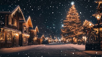 Fototapeta premium Snowfall Covering Festive Streets Creating Magical Holiday Vibes images