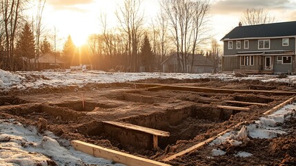 New home foundation being laid on a winter morning with golden sunlight illuminating the site