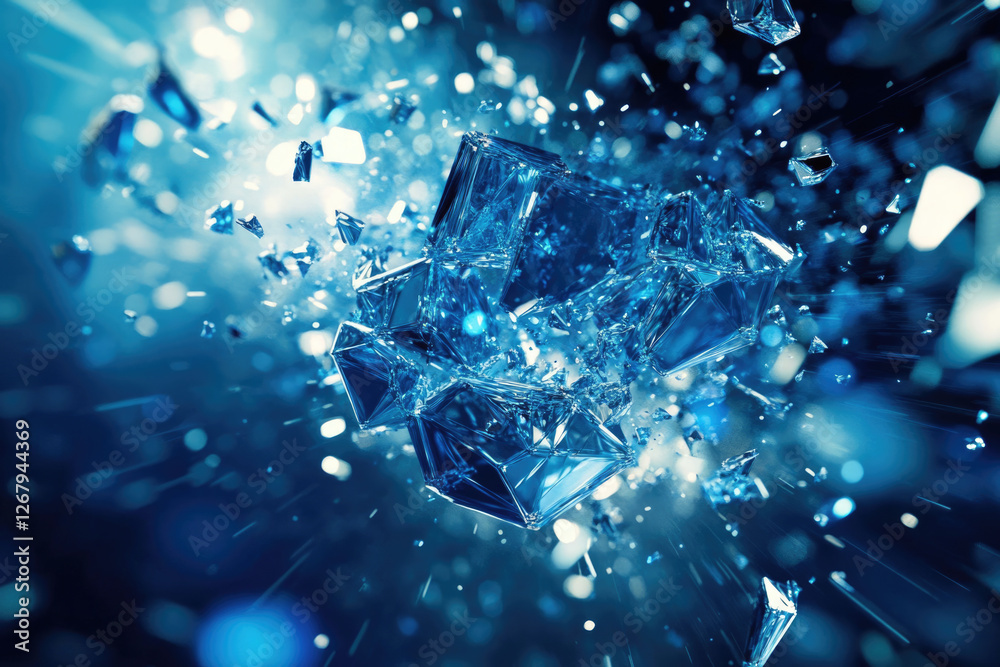 Poster Exploding blue crystal shards, dynamic motion blur, abstract art.