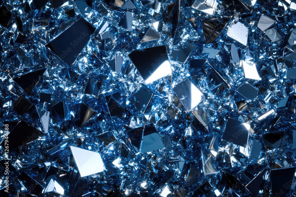 Poster A mesmerizing digital rendering of shattered, reflective blue crystals, creating a captivating abstract pattern.