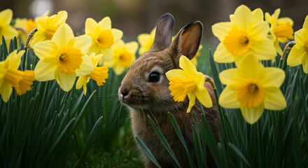 Fototapeta premium Adorable brown rabbit hiding in yellow daffodils springtime flowers pet on transparent background