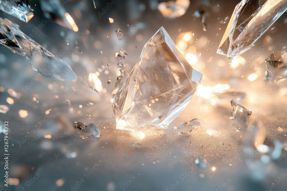 Poster A large crystal shatters into a thousand sparkling pieces, creating a mesmerizing spectacle of light and fragmented beauty.