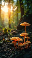Forest floor illuminated by soft glowing mushrooms, fungi, nature, ethereal