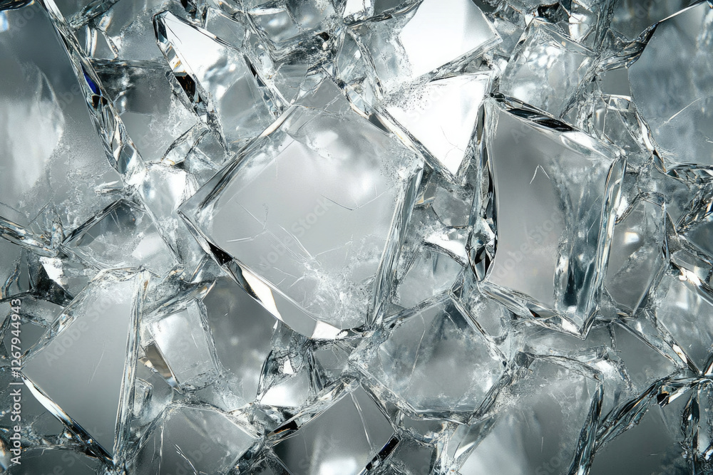Poster shattered ice crystals, glistening and sharp, reflecting light in a fragmented pattern.