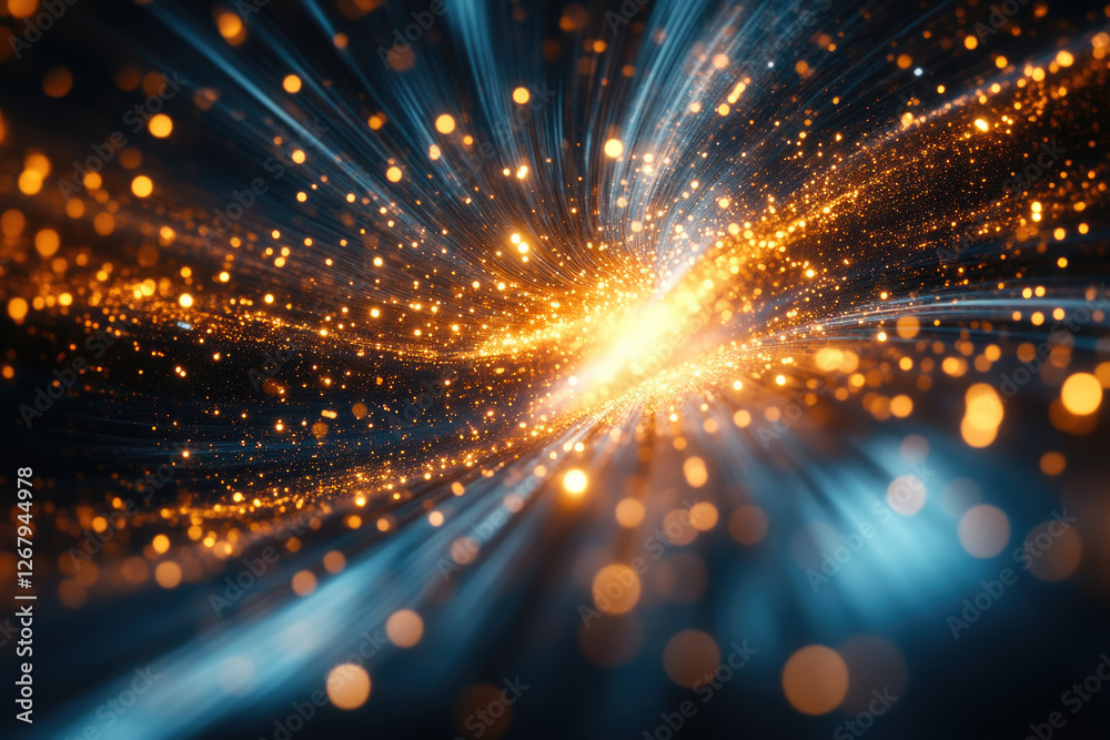Poster a mesmerizing burst of golden light and blue streaks, creating a dynamic and energetic cosmic scene.