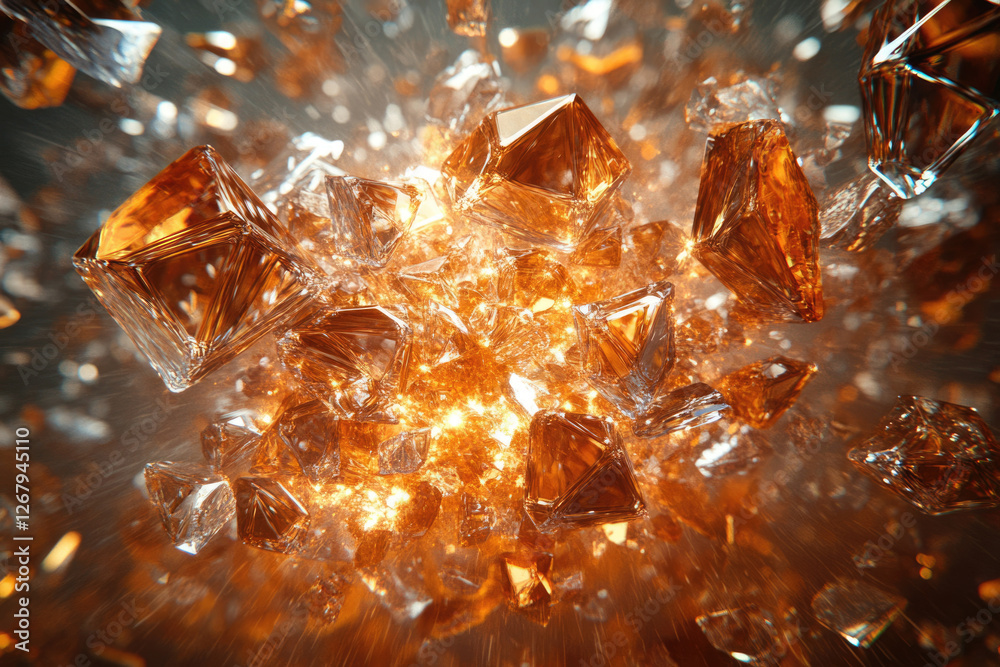 Poster an explosion of glowing amber crystals, a dazzling display of multifaceted gems radiating light and 