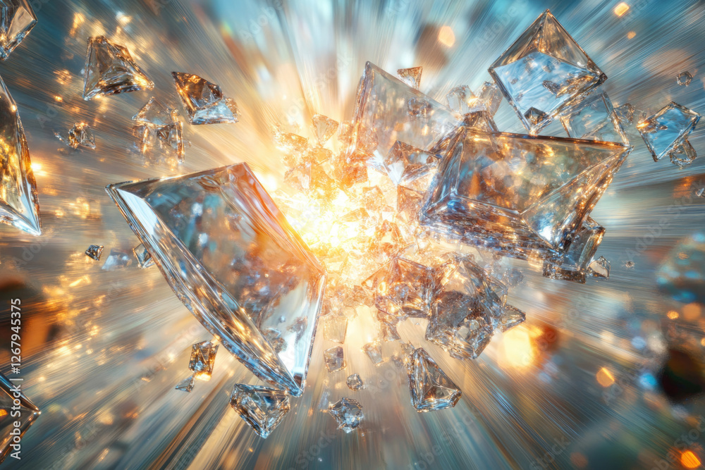 Poster exploding shards of crystal glass create a dynamic, radiant light show, full of energy and brillianc