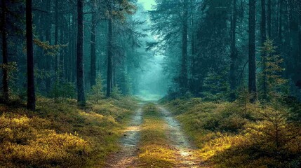 Obraz premium Misty Forest Path Through Tall Dark Trees