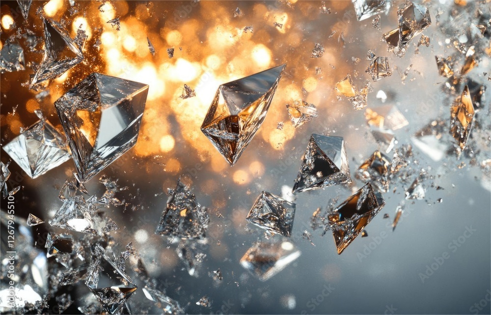 Poster Shattered crystal pyramids float against a bokeh background, a captivating display of light and geometry.