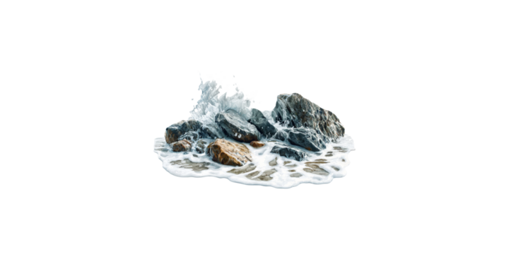 Ocean waves crashing against rock formation isolated on transparent background