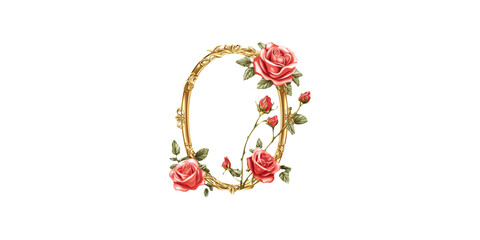 Ornate oval gold frame with red roses isolated on transparent background
