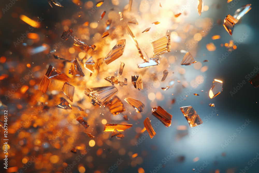 Aufkleber amber shards explode in a fiery burst, scattering in a dynamic, captivating display.