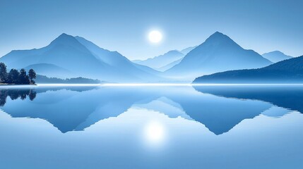 Serene sunrise over mountain lake reflection