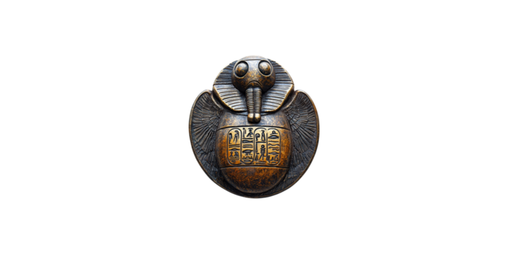 Ancient scarab beetle artifact with hieroglyphs isolated on transparent background