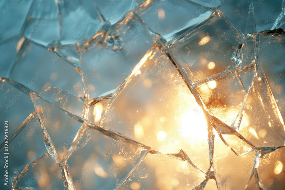 Aufkleber Shattered glass fragments, illuminated from within, create a mesmerizing, abstract image of light and texture.