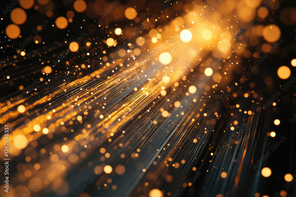 Poster golden streaks of light and bokeh illuminate a dark background, creating a magical, luxurious, and e