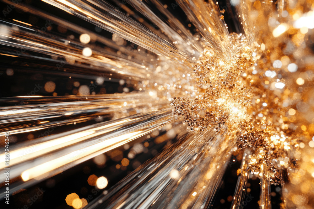 Poster Golden light streams converge into a sparkling, glittering explosion of particles, creating a mesmerizing tunnel effect.